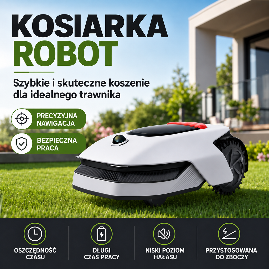 Inteligentny bezprzewodowy robot koszący z nawigacją AI i automatycznym ładowaniem