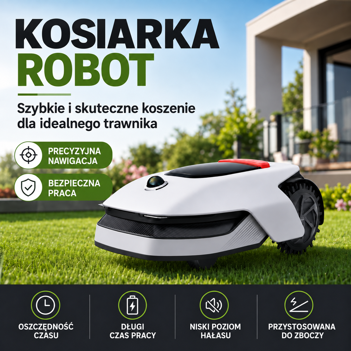 Inteligentny bezprzewodowy robot koszący z nawigacją AI i automatycznym ładowaniem