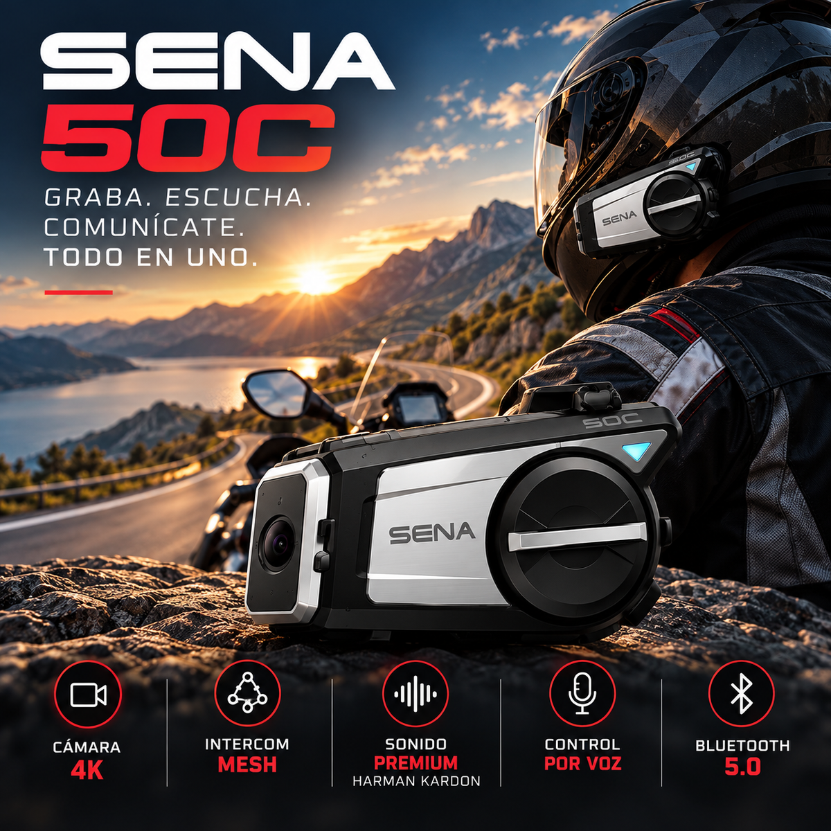 SENA 50C – Intercomunicador de Moto con Cámara 4K, Mesh Bluetooth y Sonido Harman Kardon