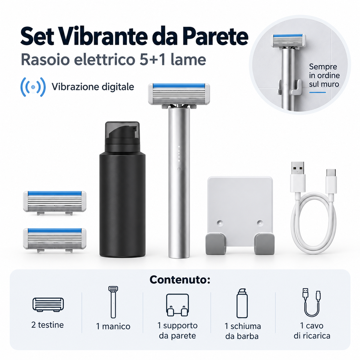 Rasoio da Uomo 5+1 Lame con Vibrazione Elettrica – Kit Rasatura Premium Ricaricabile