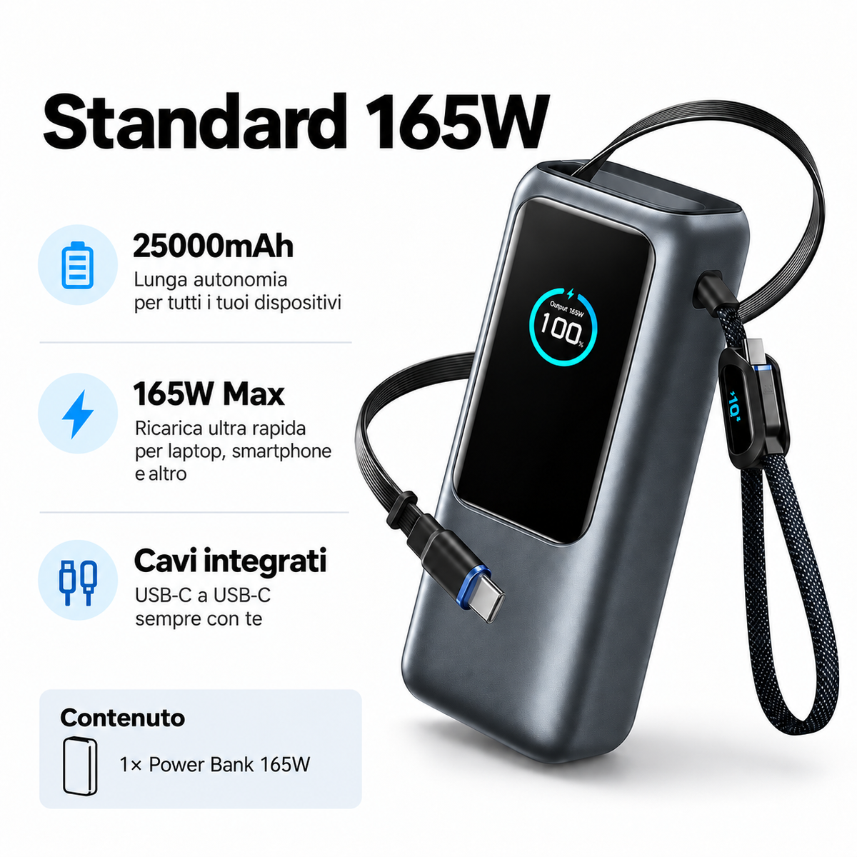 Power Bank 25000mAh 165W con Cavi Integrati e Display Smart