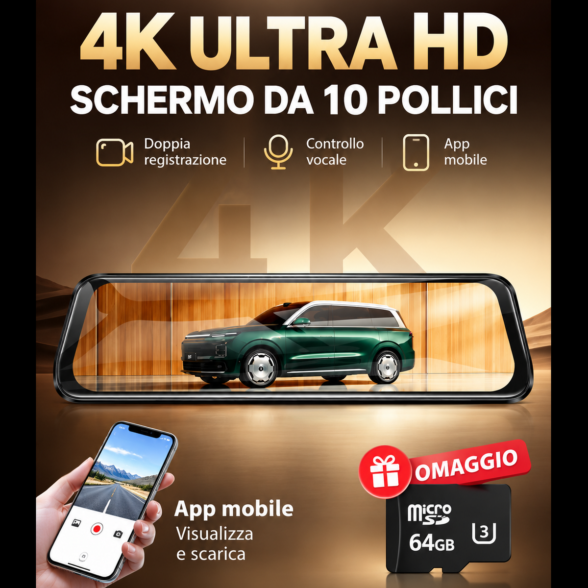 Specchietto Retrovisore Digitale 12″ 4K con APP, Dash Cam e Telecamera Posteriore