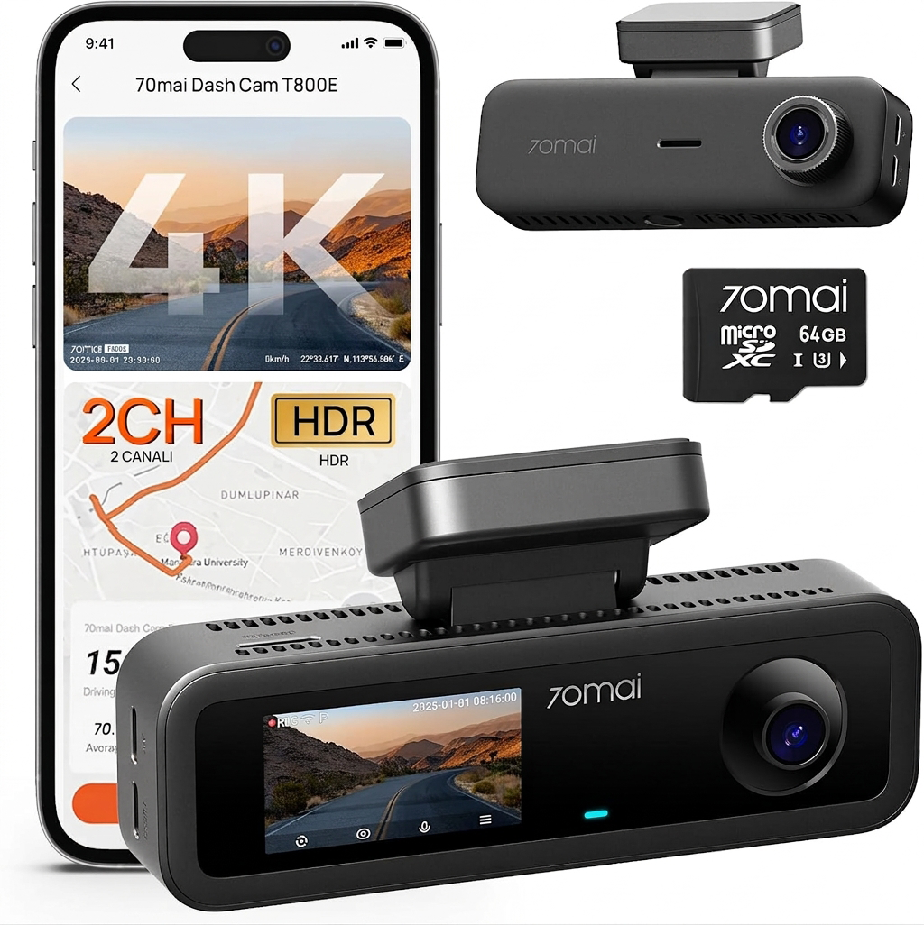 4K Dash Cam Anteriore e Posteriore, Interna, 3 Canali Dash Cam per Auto, Dash Cam con GPS, Wi-Fi 6, Controllo Vocale, Monitor di Parcheggio, Visione Notturna, Registrazione a Ciclo, Scheda SD da 64GB Inclusa (T800E)