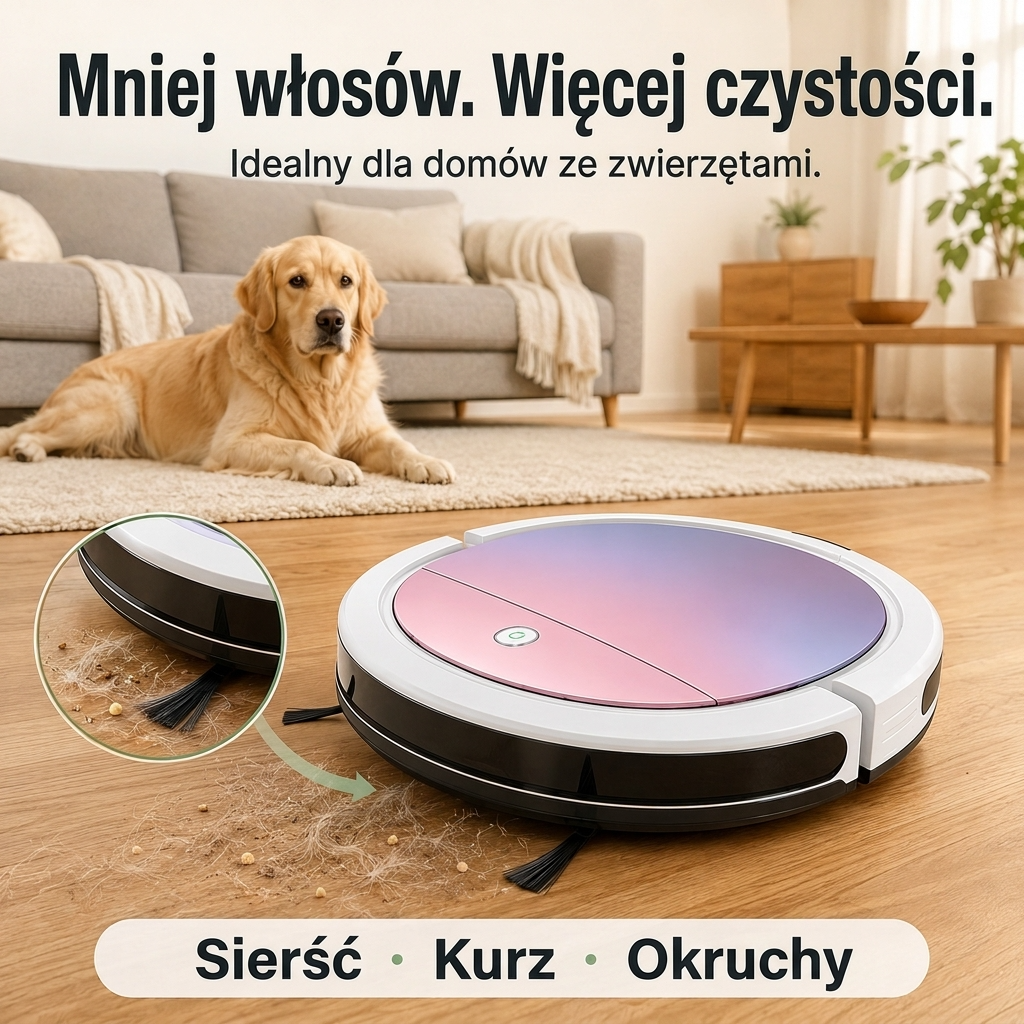 Płaski robot odkurzający 3 w 1 do sierści, kurzu i okruchów