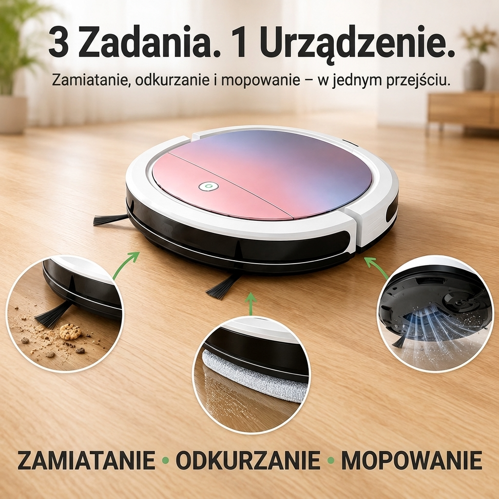Płaski robot odkurzający 3 w 1 do sierści, kurzu i okruchów