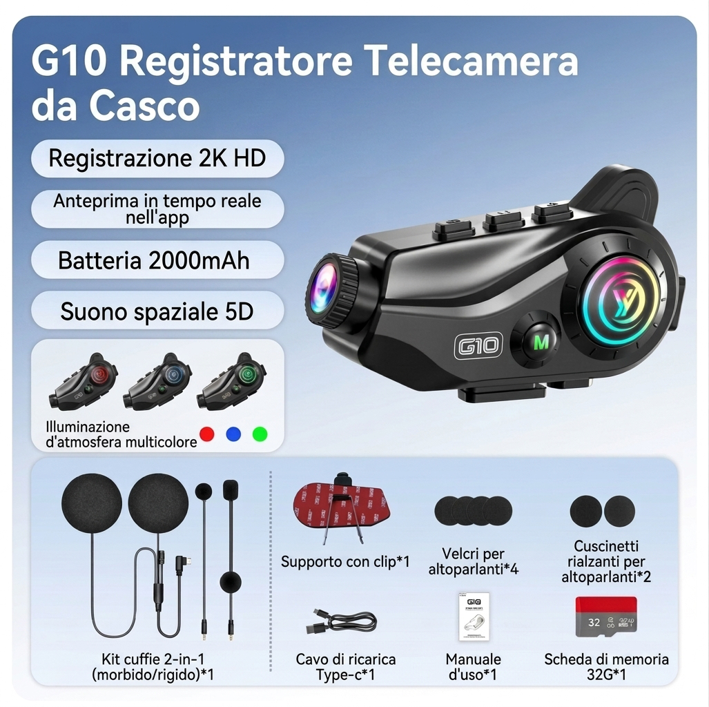 Cuffie Bluetooth per casco da moto Registratore di guida Fotocamera 2K Ascolto di musica Navigazione Pilota Durata della batteria extra lunga