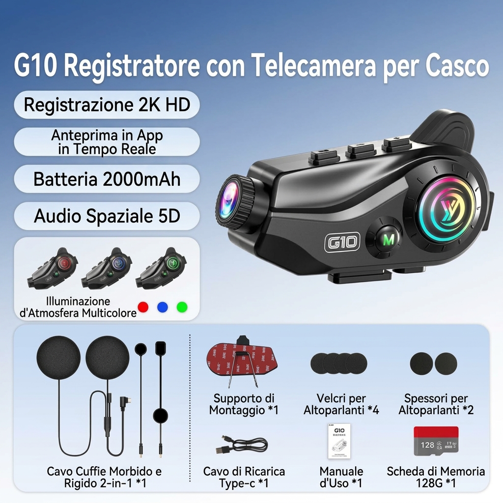 Cuffie Bluetooth per casco da moto Registratore di guida Fotocamera 2K Ascolto di musica Navigazione Pilota Durata della batteria extra lunga
