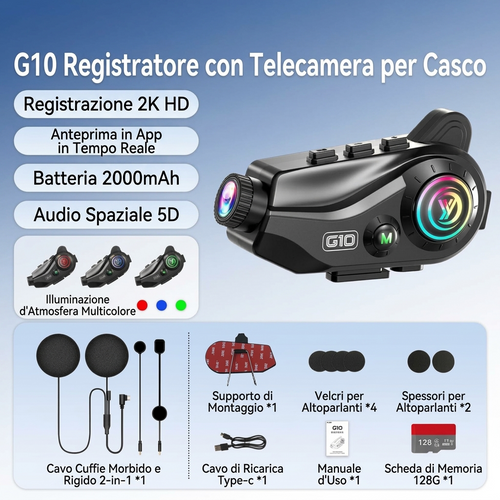 Cuffie Bluetooth per casco da moto Registratore di guida Fotocamera 2K Ascolto di musica Navigazione Pilota Durata della batteria extra lunga