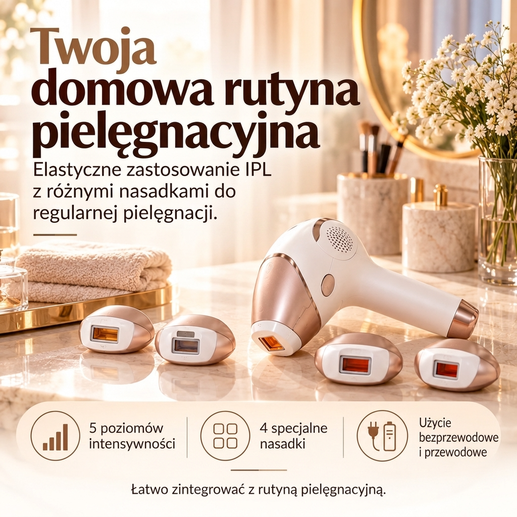 Urządzenie do depilacji IPL z 4 nasadkami i czujnikiem skóry