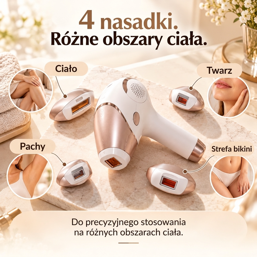 Urządzenie do depilacji IPL z 4 nasadkami i czujnikiem skóry