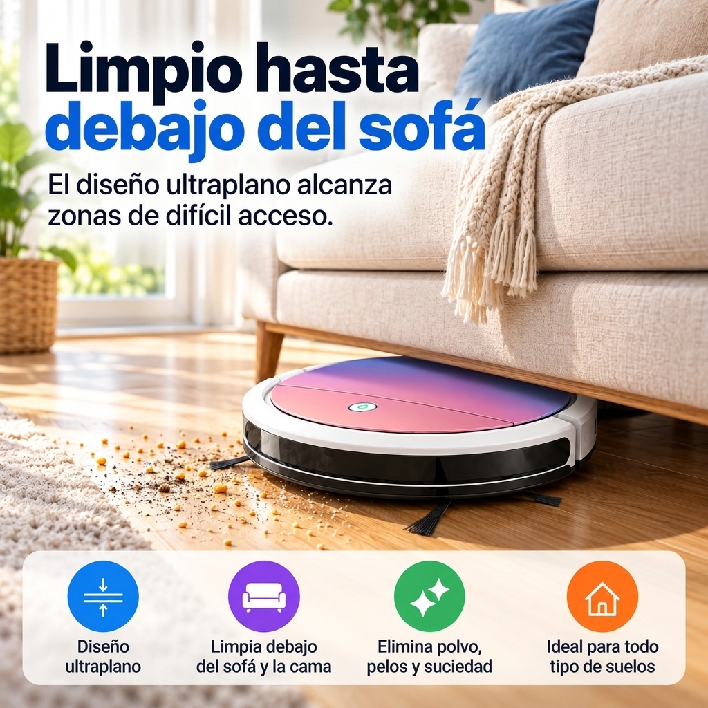 Robot aspirador ultraplano 3 en 1 para pelo, polvo y migas