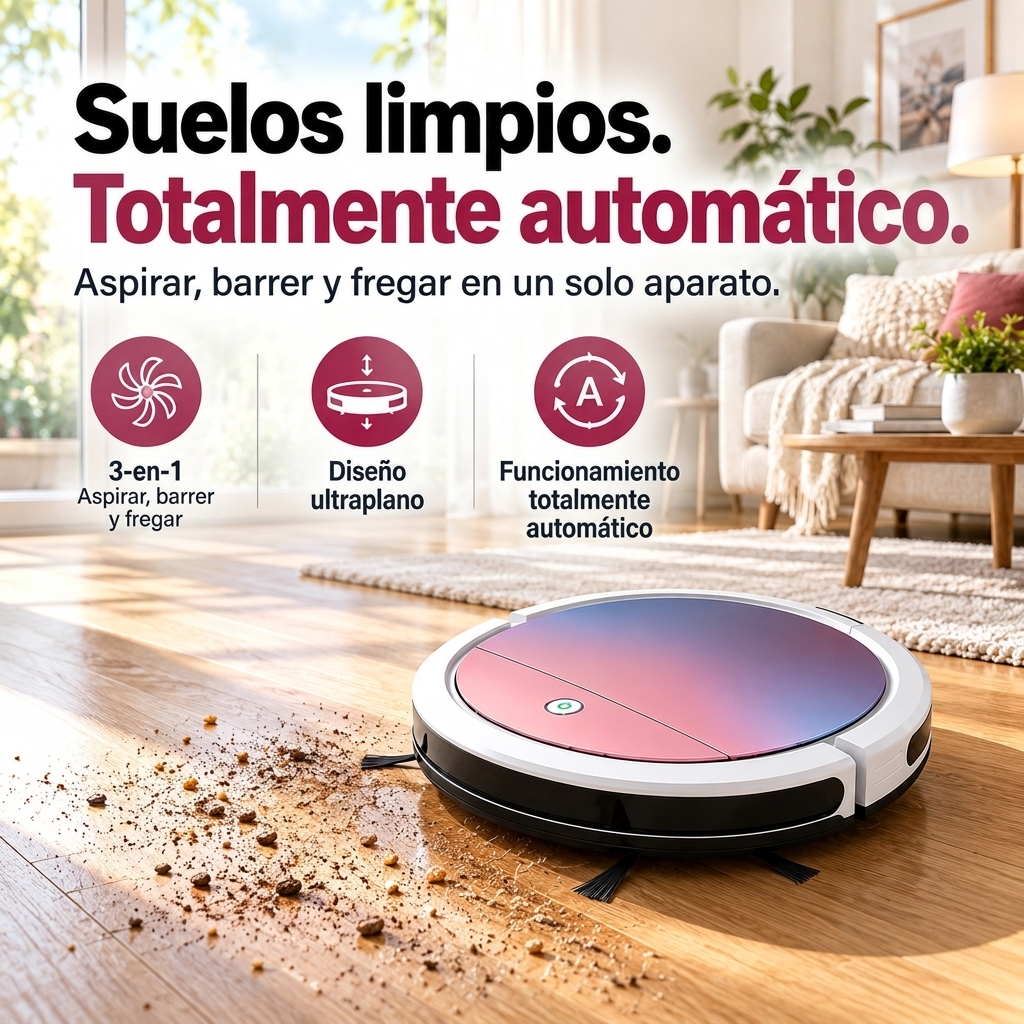 Robot aspirador ultraplano 3 en 1 para pelo, polvo y migas