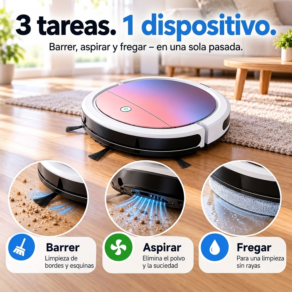 Robot aspirador ultraplano 3 en 1 para pelo, polvo y migas