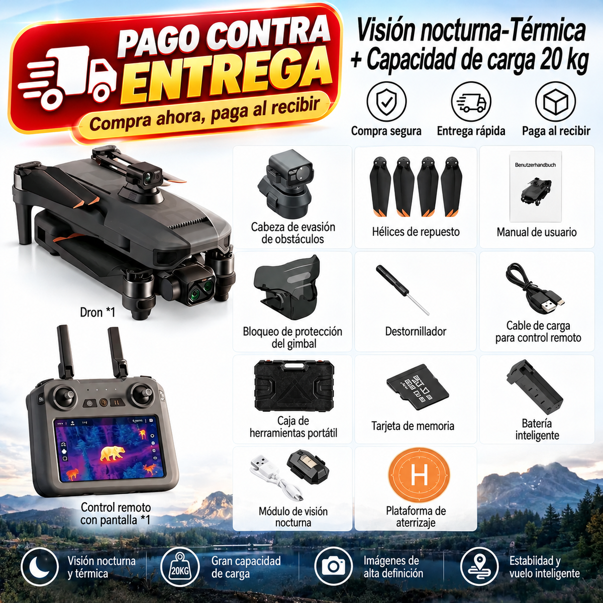 Imagen térmica + Caza + Transporte + Carga útil + Entrega + Lugar de uso