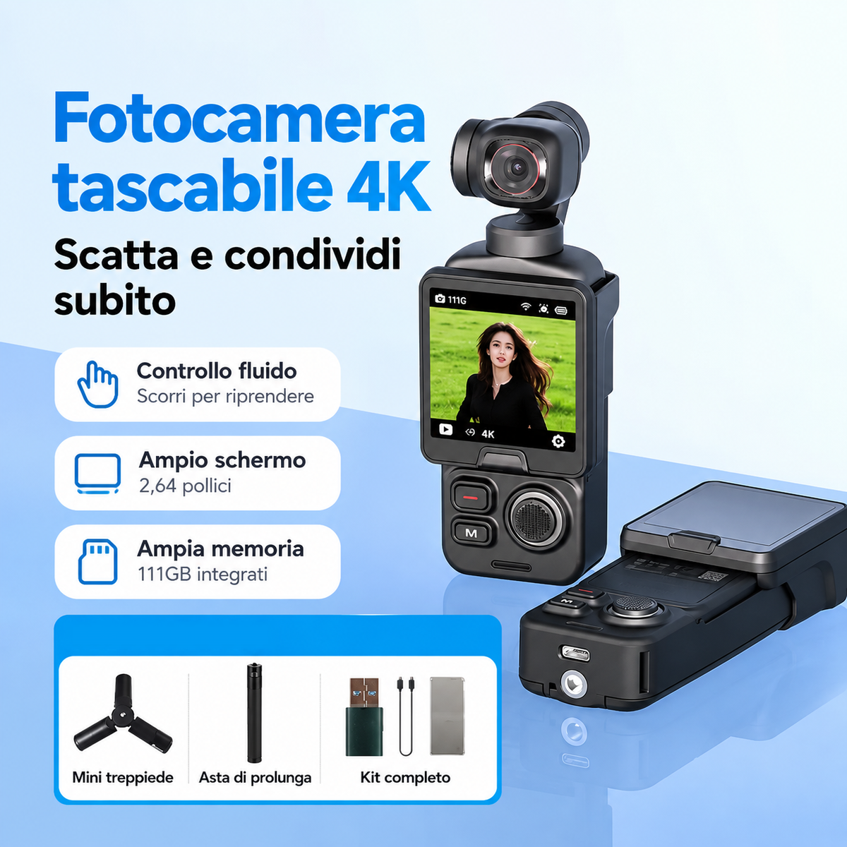 Fotocamera Tascabile 4K con Gimbal, 60fps e Schermo Touch