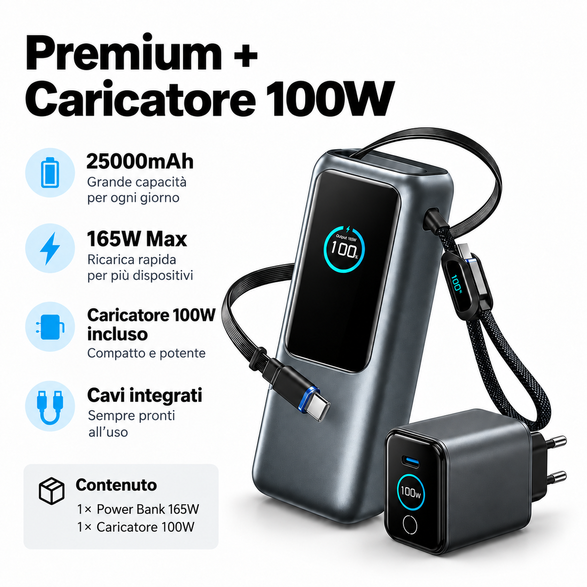 Power Bank 25000mAh 165W con Cavi Integrati e Display Smart