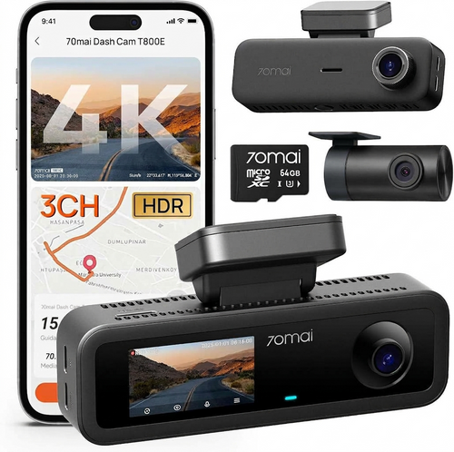 4K Dash Cam Anteriore e Posteriore, Interna, 3 Canali Dash Cam per Auto, Dash Cam con GPS, Wi-Fi 6, Controllo Vocale, Monitor di Parcheggio, Visione Notturna, Registrazione a Ciclo, Scheda SD da 64GB Inclusa (T800E)