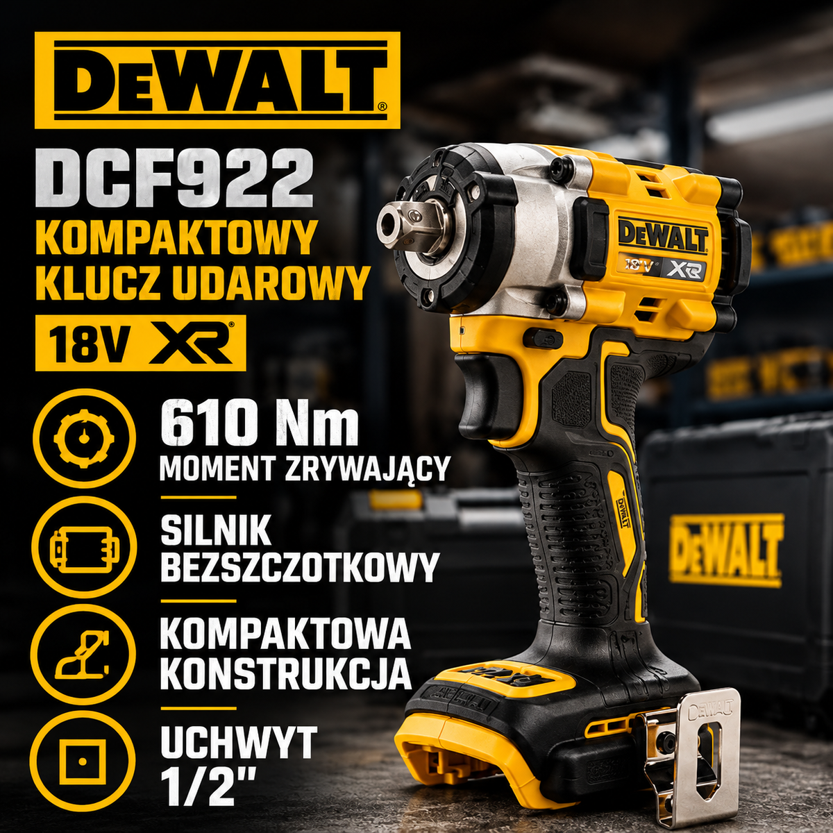 DeWalt DCF922 18V XR – Bezszczotkowy Klucz Udarowy 1/2", 610 Nm, Kompaktowy i Wydajny