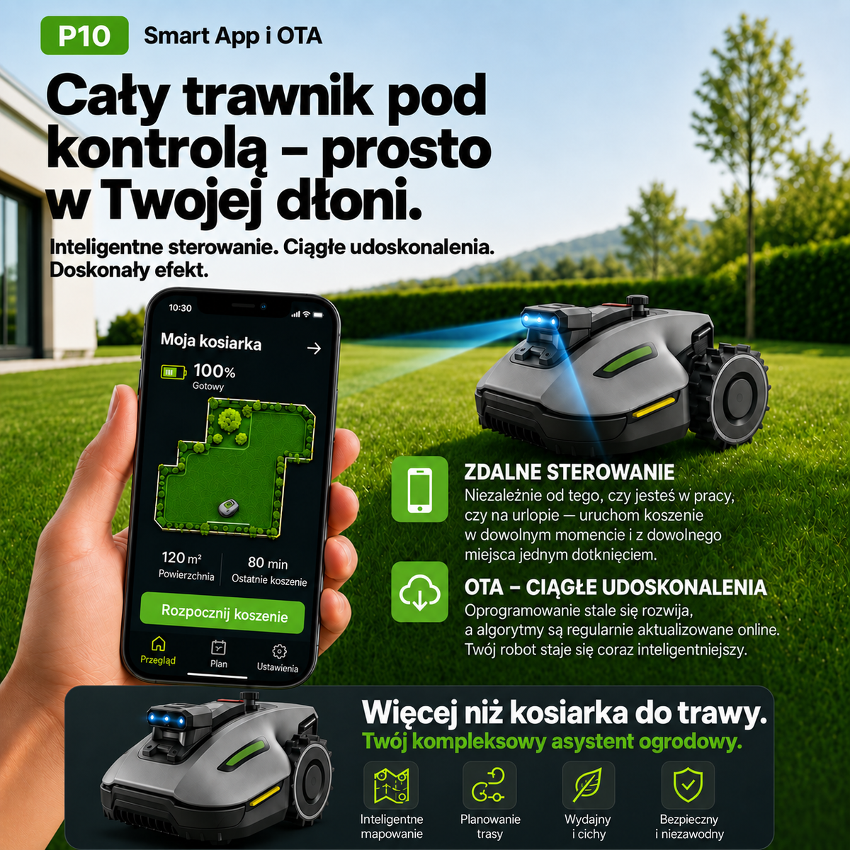 Inteligentna bezprzewodowa kosiarka robotyczna z nawigacją AI i automatycznym ładowaniem