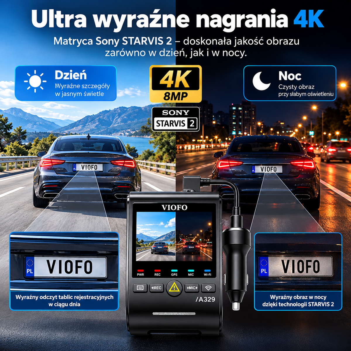 VIOFO A329S 2CH – Wideorejestrator 4K + 2K z GPS, Wi-Fi i Trybem Parkingowym