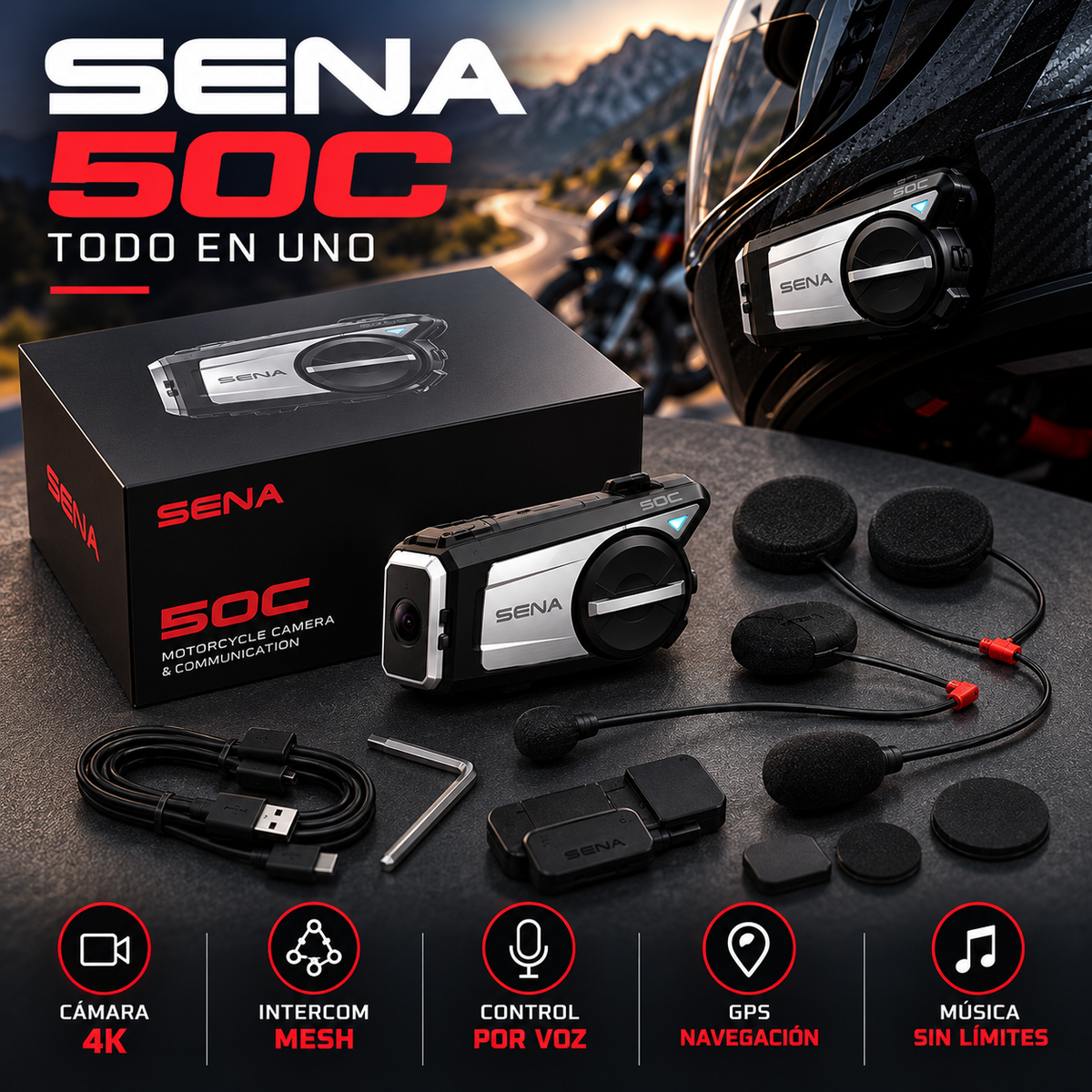SENA 50C – Intercomunicador de Moto con Cámara 4K, Mesh Bluetooth y Sonido Harman Kardon