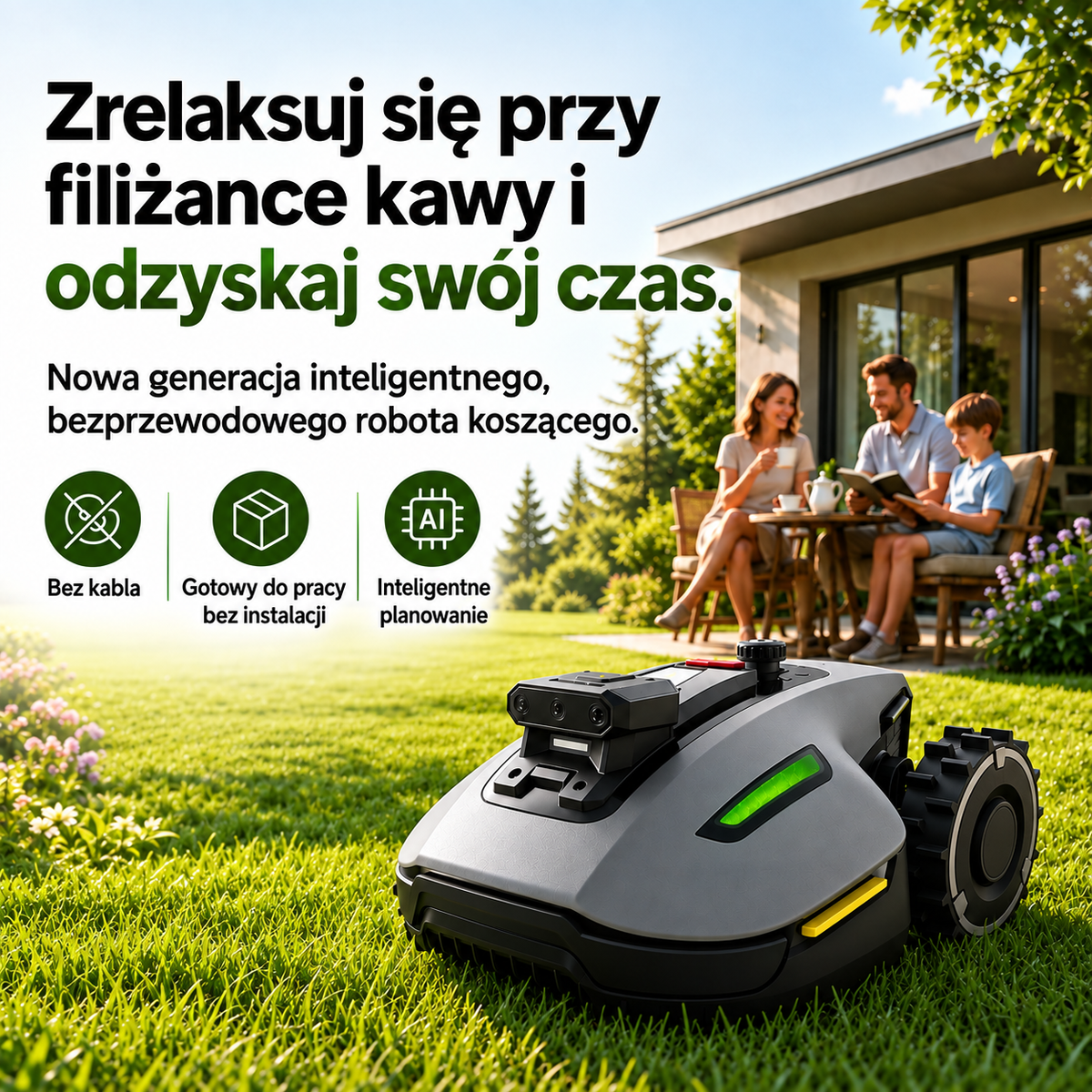 Inteligentna bezprzewodowa kosiarka robotyczna z nawigacją AI i automatycznym ładowaniem