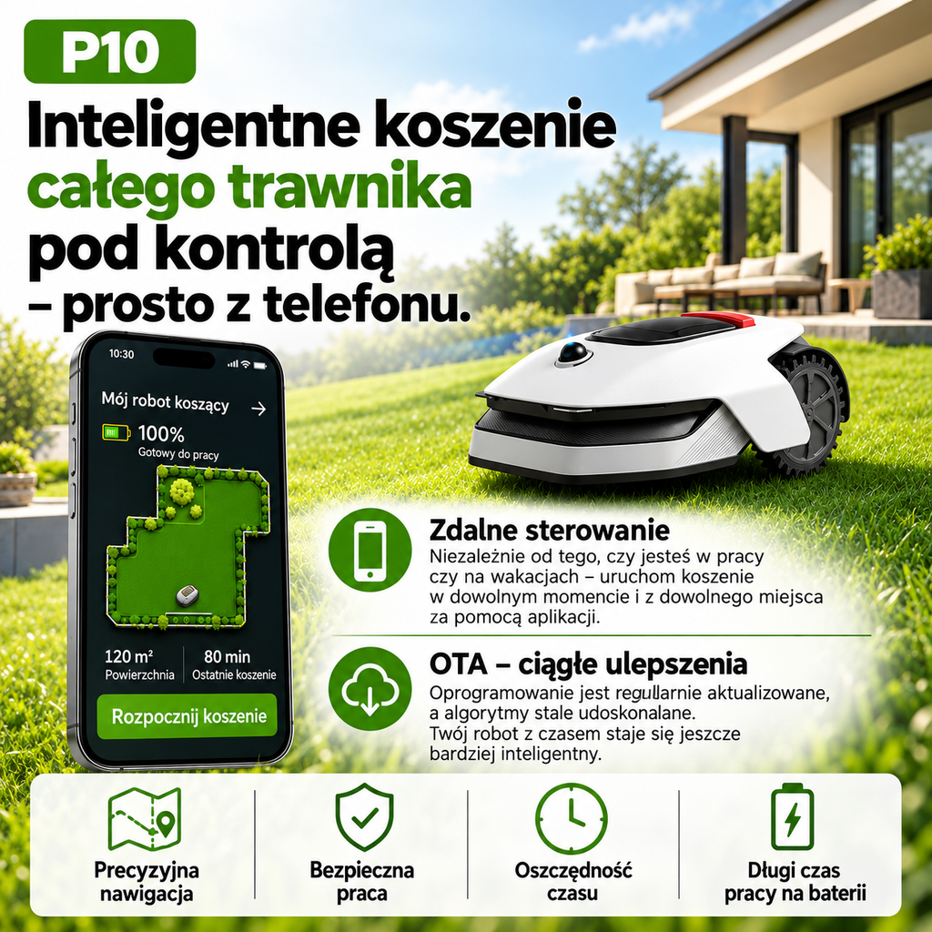 Inteligentny bezprzewodowy robot koszący z nawigacją AI i automatycznym ładowaniem