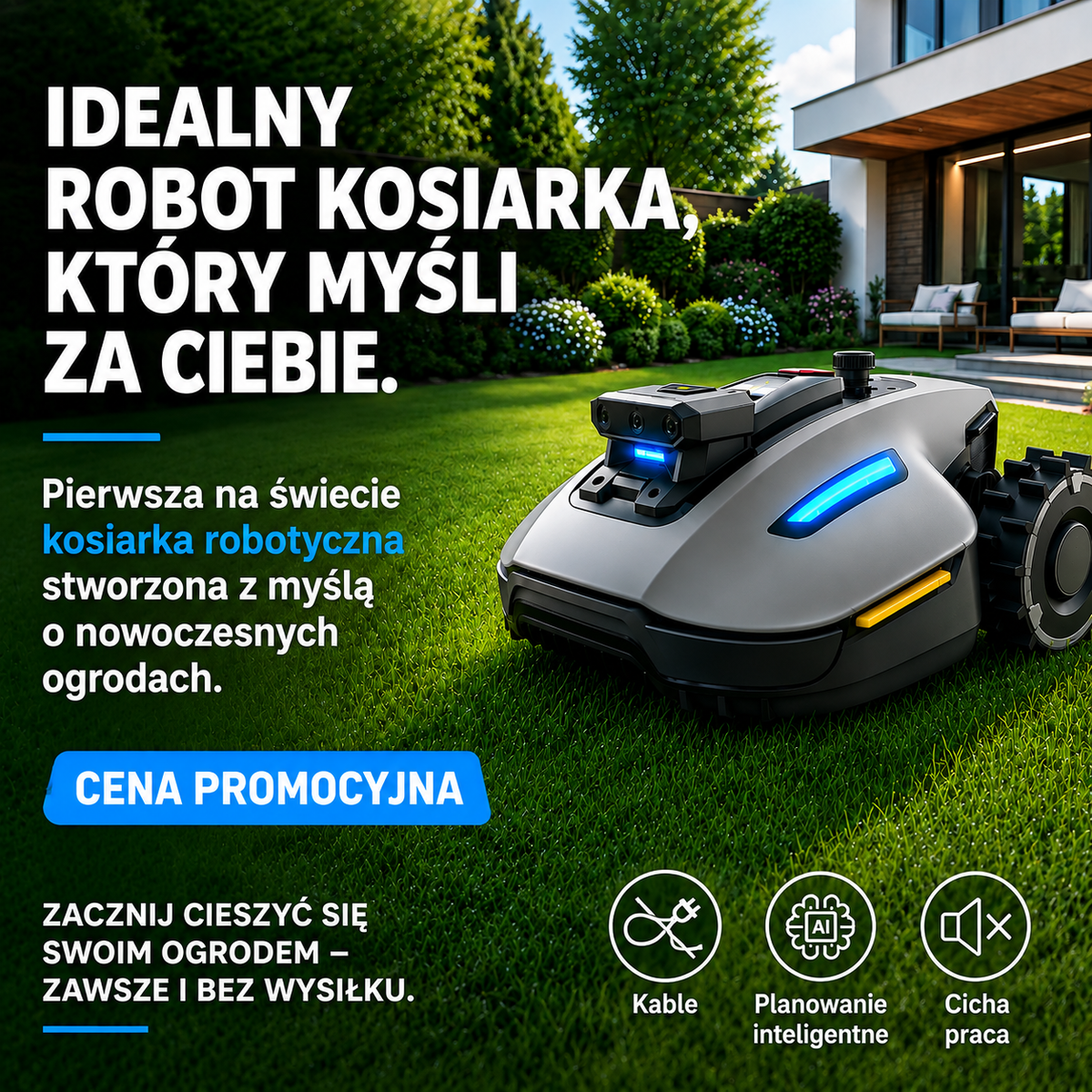Inteligentna bezprzewodowa kosiarka robotyczna z nawigacją AI i automatycznym ładowaniem