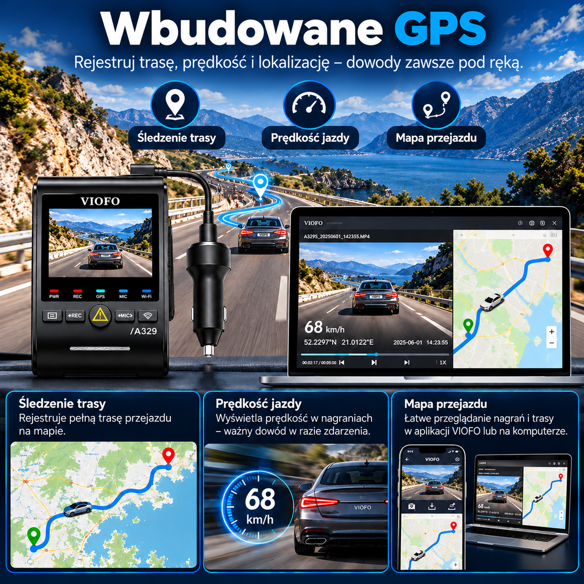 VIOFO A329S 2CH – Wideorejestrator 4K + 2K z GPS, Wi-Fi i Trybem Parkingowym