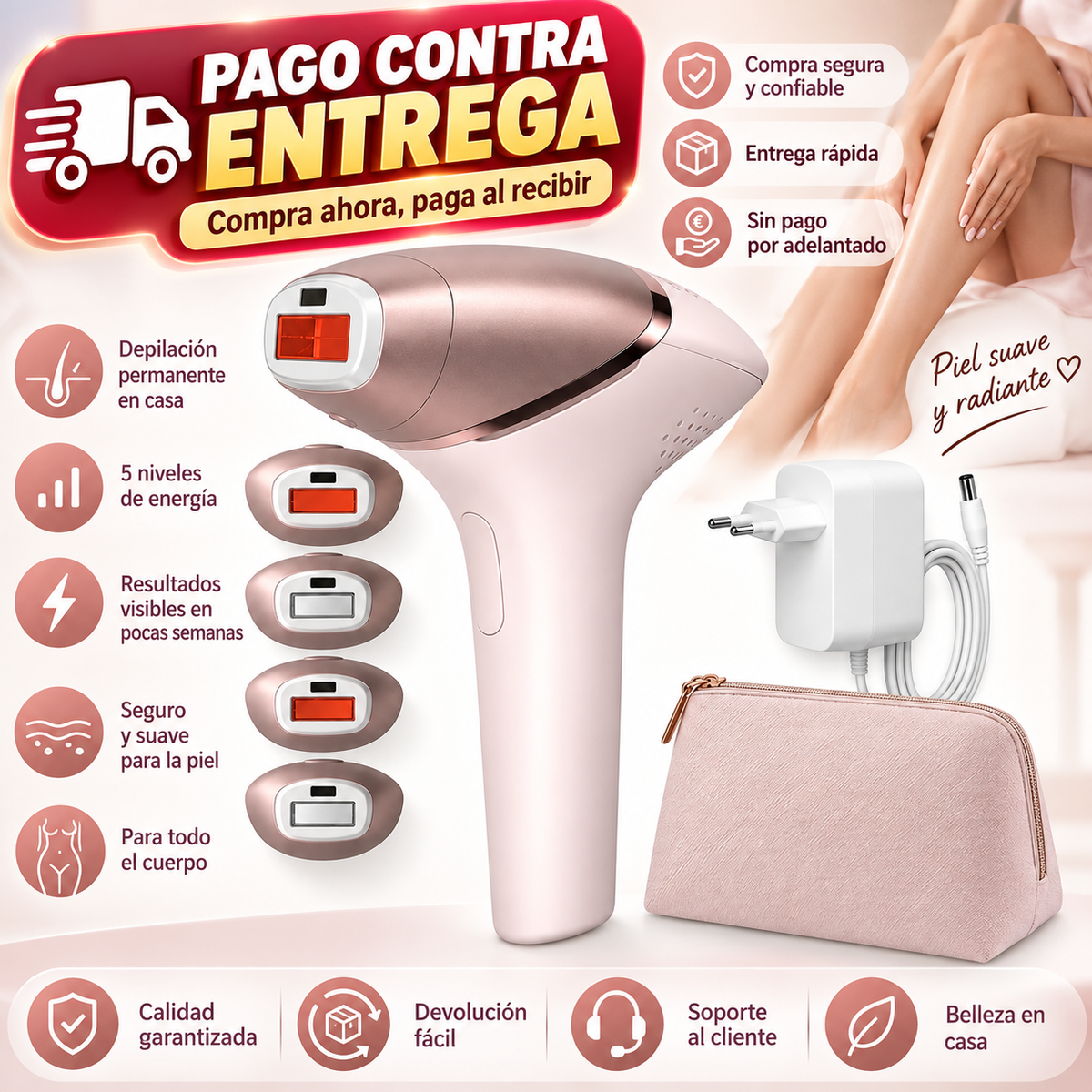 Dispositivo de depilación IPL con 4 cabezales y sensor de piel