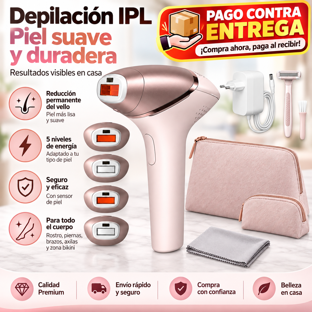 Dispositivo de depilación IPL con 4 cabezales y sensor de piel